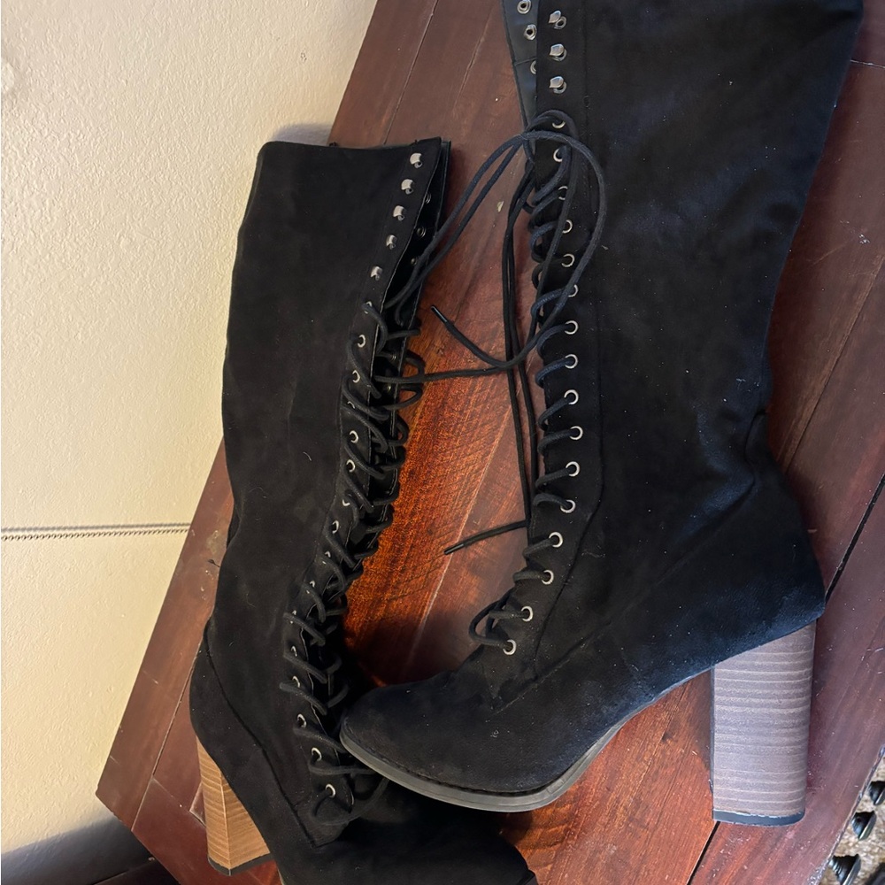 Black Lace-Up Knee-High Boots
